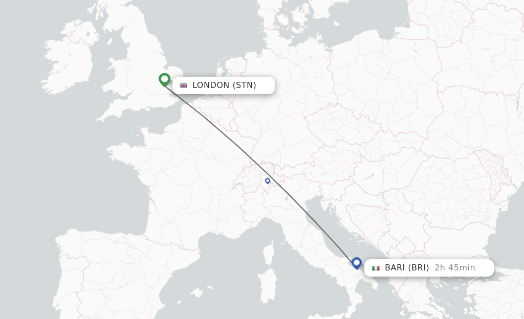 Flights from London to Bari route map
