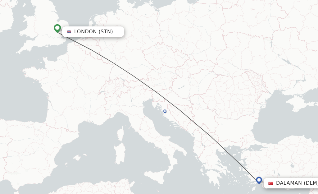 Flights from London to Dalaman route map