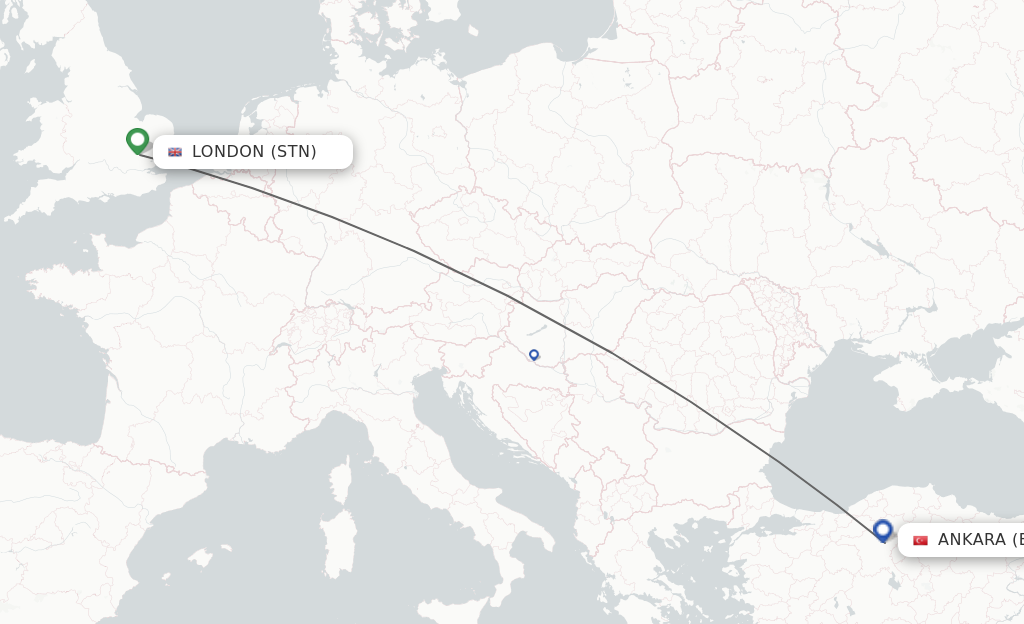 Flights from London to Ankara route map