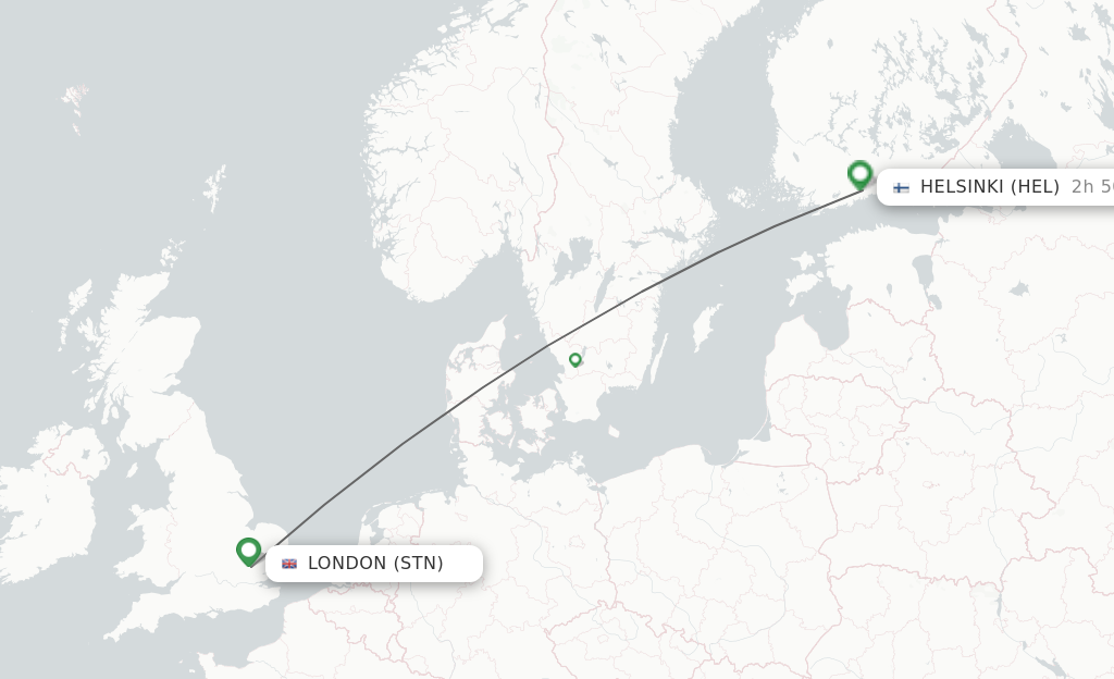 Flights from London to Helsinki route map