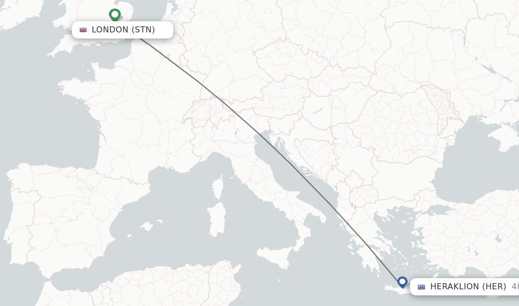 Flights from London to Heraklion route map