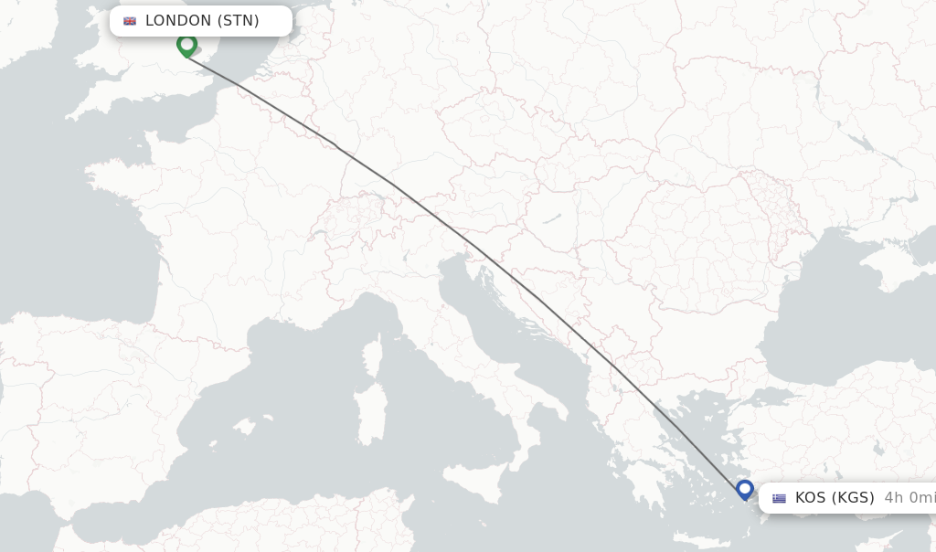 Flights from London to Kos route map
