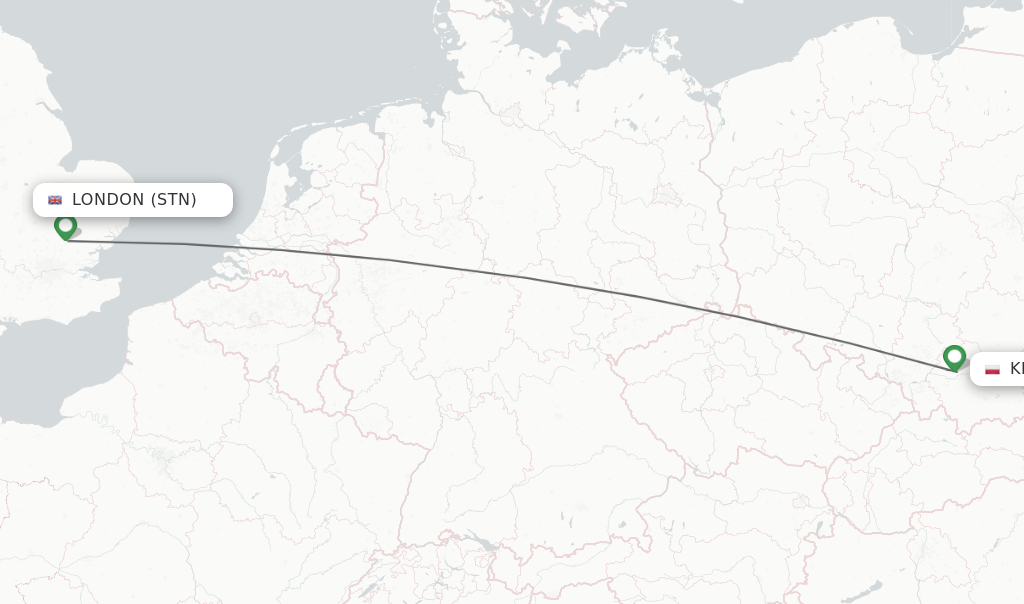 Flights from London to Krakow route map
