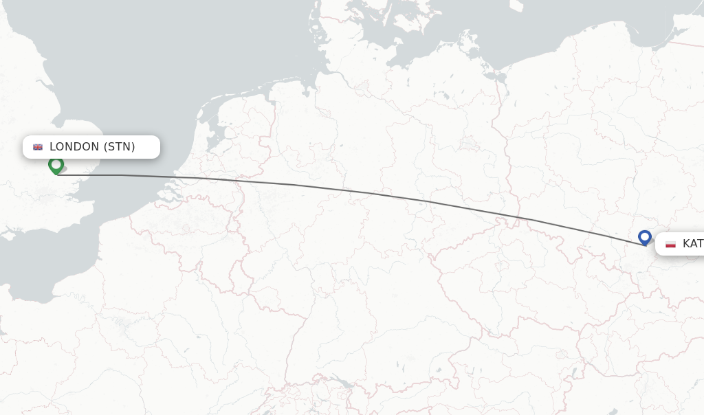 Flights from London to Katowice route map