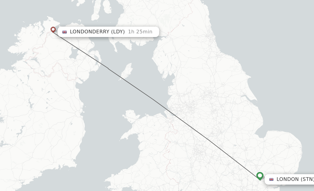 Flights from London to Derry route map