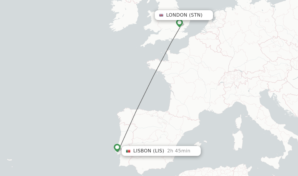 Flights from London to Lisbon route map