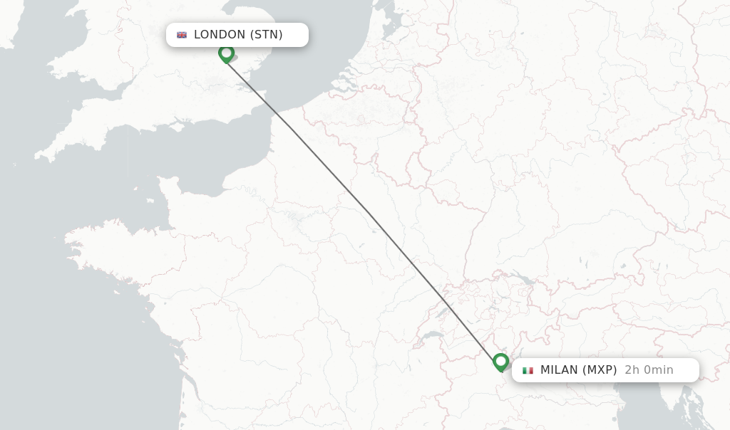 Flights from London to Milan route map