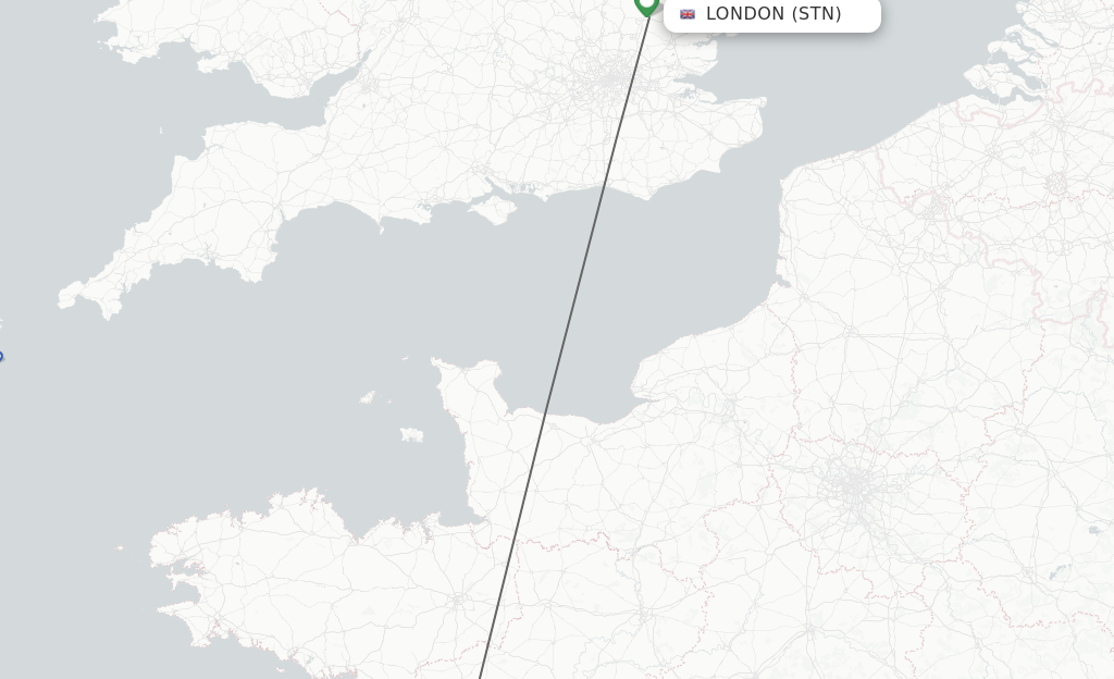 Flights from London to Nantes route map