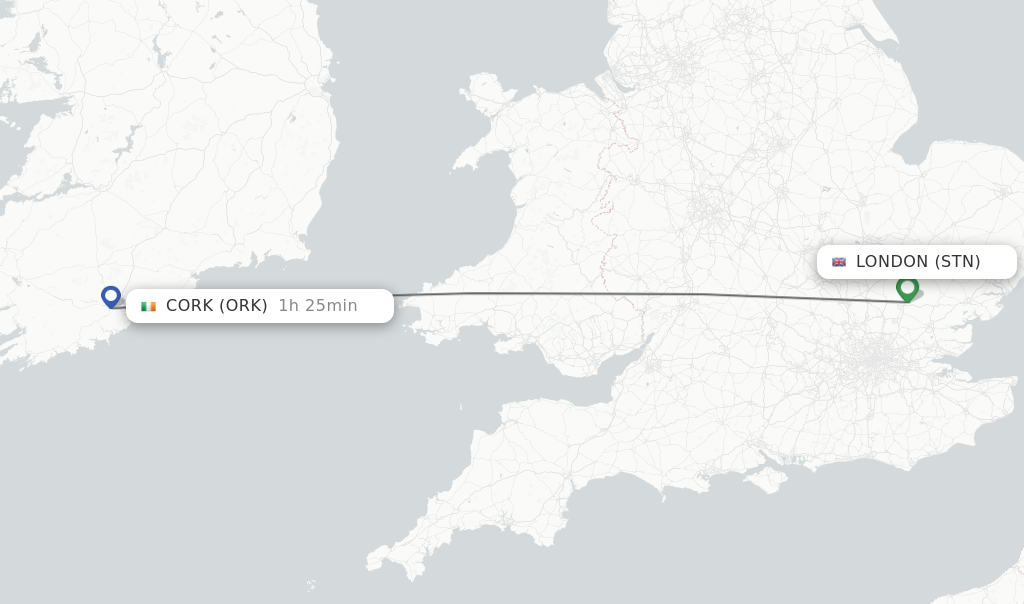 Flights from London to Cork route map