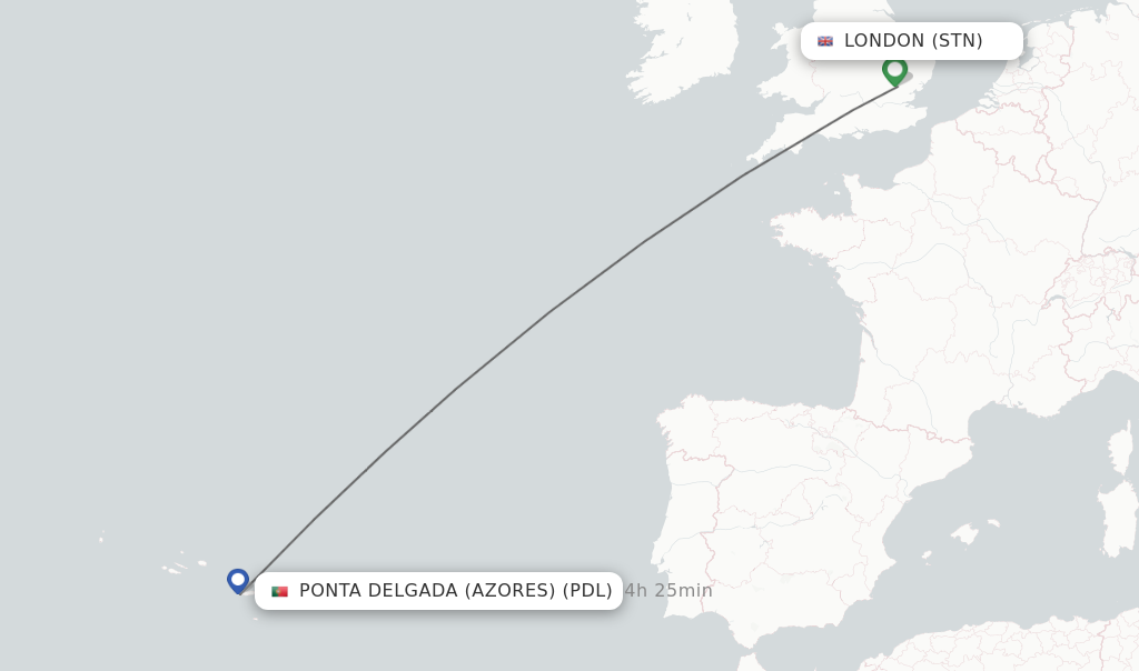 Flights from London to Ponta Delgada (Azores) route map