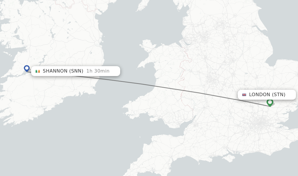 Flights from London to Shannon route map