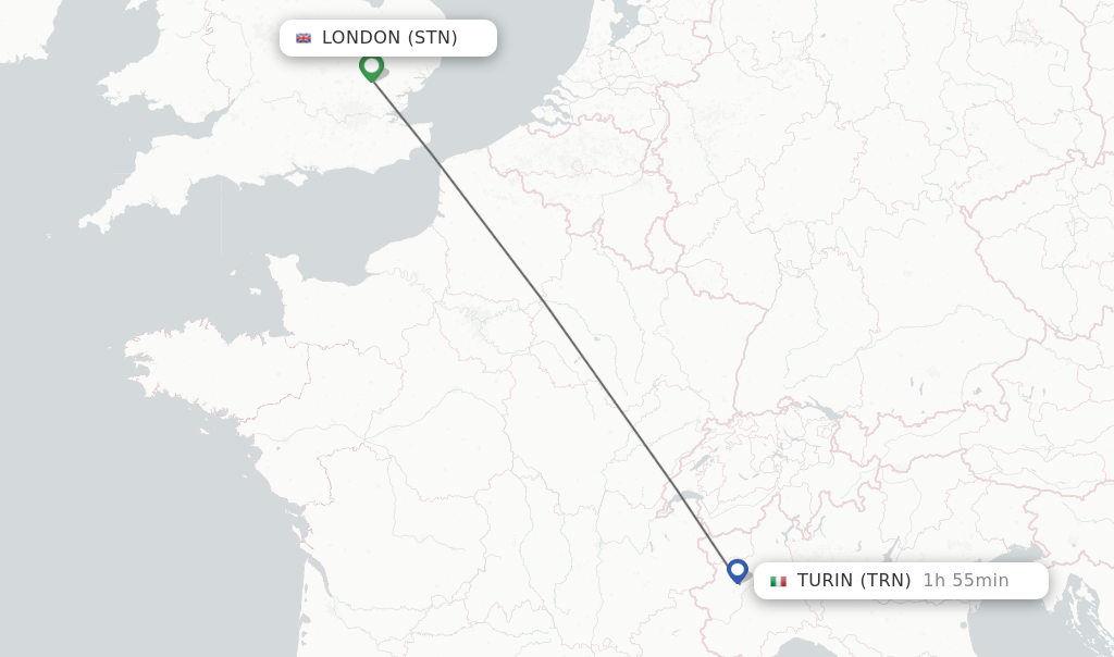 Flights from London to Turin route map