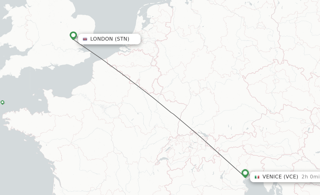 Flights from London to Venice route map