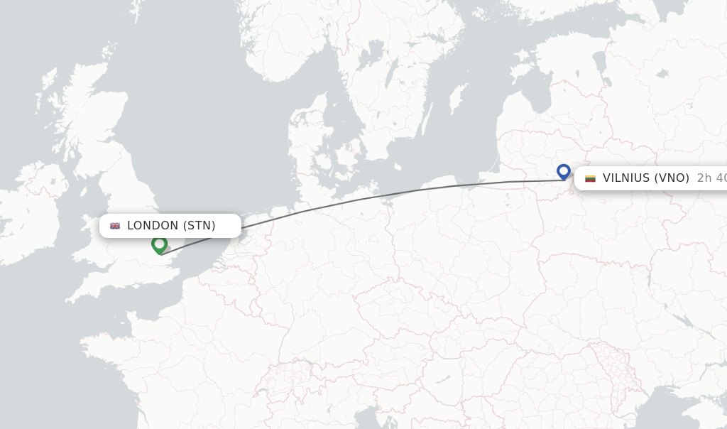 Flights from London to Vilnius route map