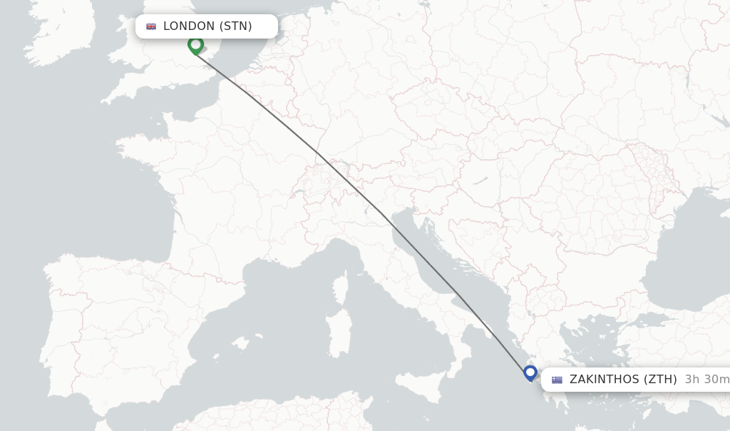 Flights from London to Zakinthos route map