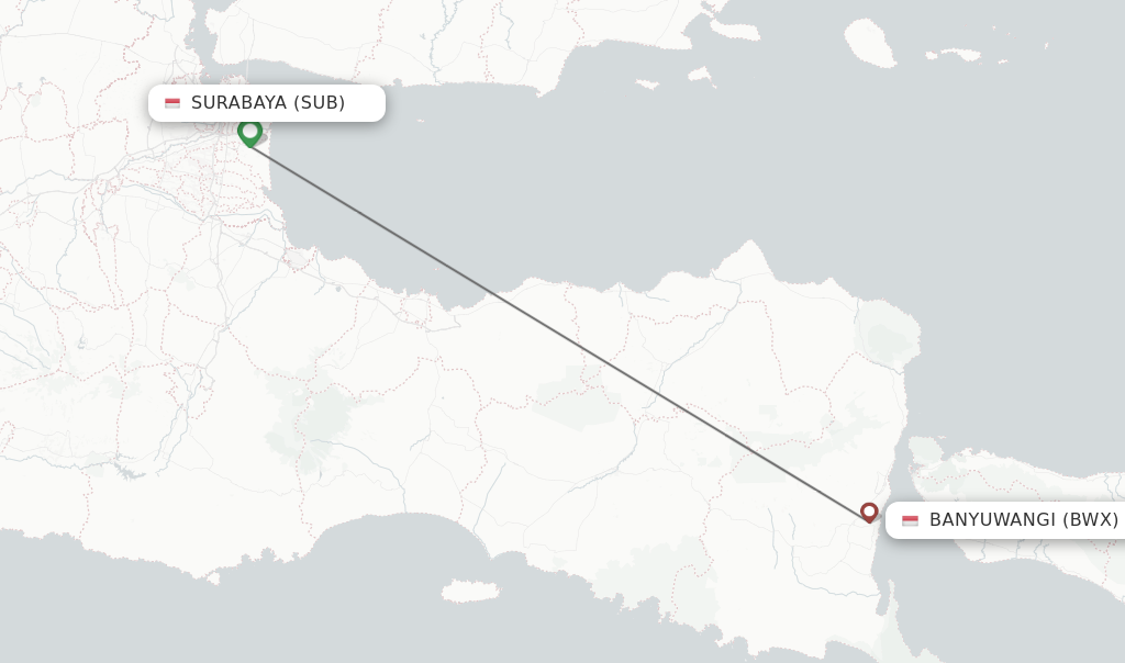 Flights from Surabaya to Banyuwangi route map