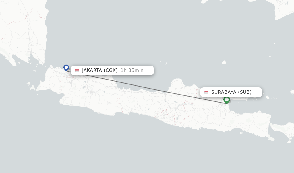 Flights from Surabaya to Jakarta route map