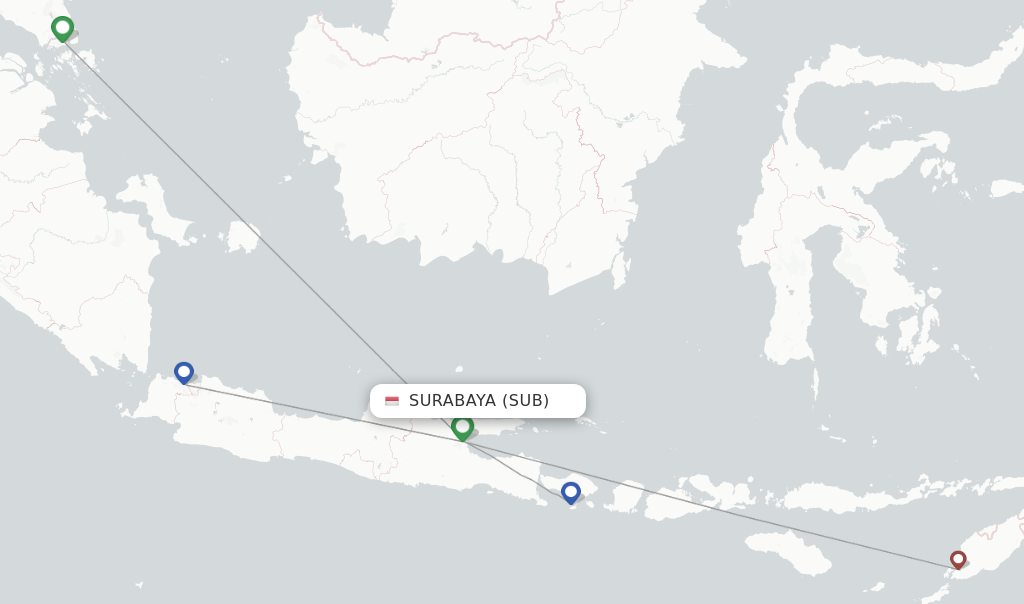 Route map with flights from Surabaya with Garuda Indonesia