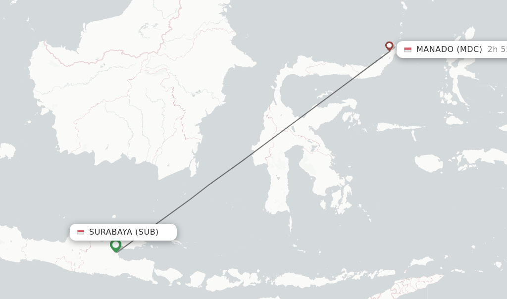 Flights from Manado to Surabaya route map