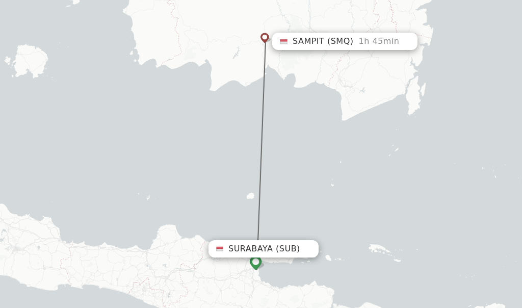 Flights from Surabaya to Sampit route map