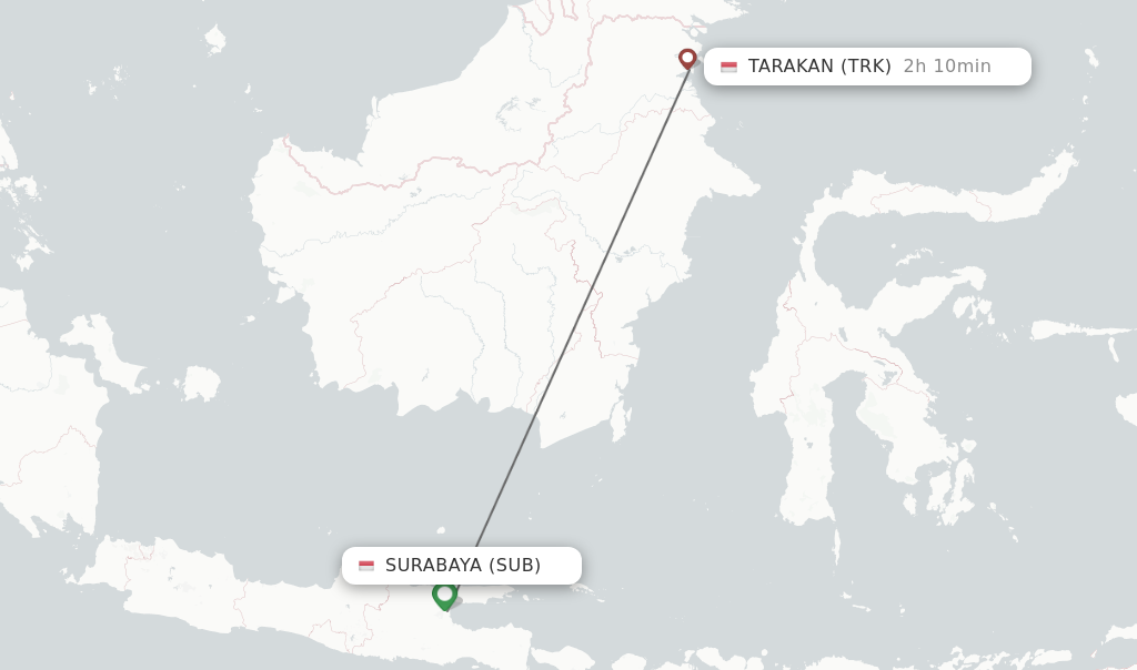 Flights from Surabaya to Tarakan route map