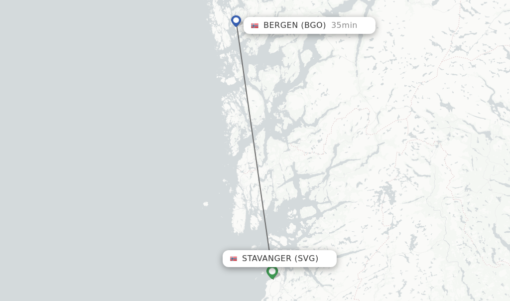 Flights from Stavanger to Bergen route map