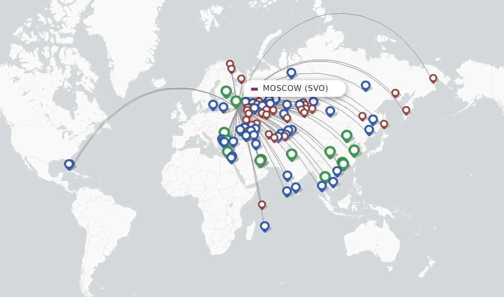 Route map with flights from Moscow with Aeroflot
