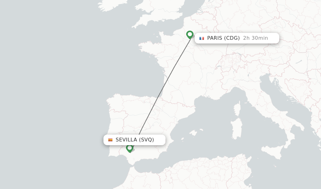 Flights from Sevilla to Paris route map
