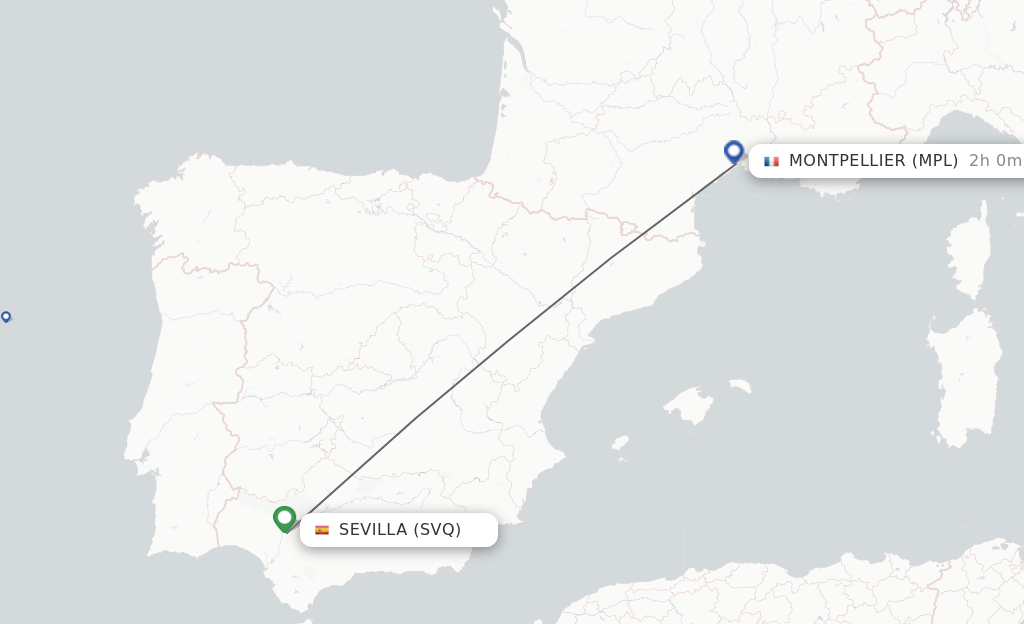 Flights from Sevilla to Montpellier route map