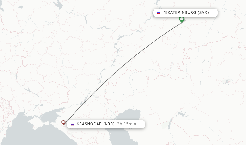 Flights from Yekaterinburg to Krasnodar route map