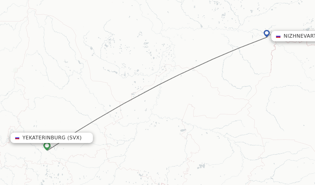Flights from Nizhnevartovsk to Yekaterinburg route map