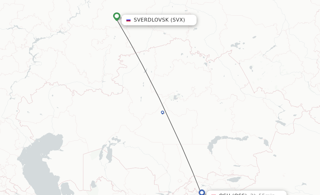 Flights from Yekaterinburg to Osh route map