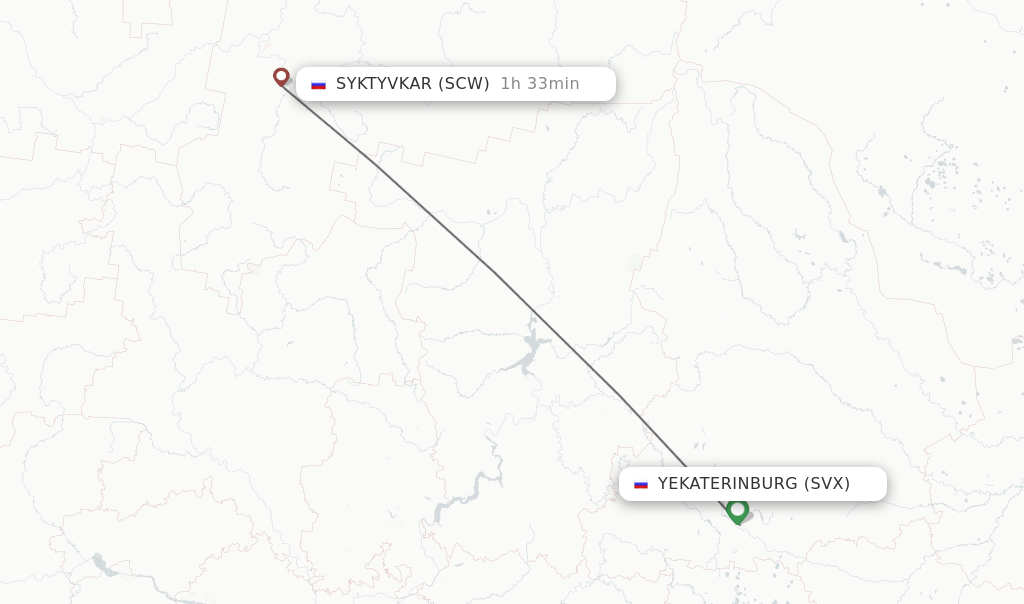 Flights from Yekaterinburg to Syktyvkar route map