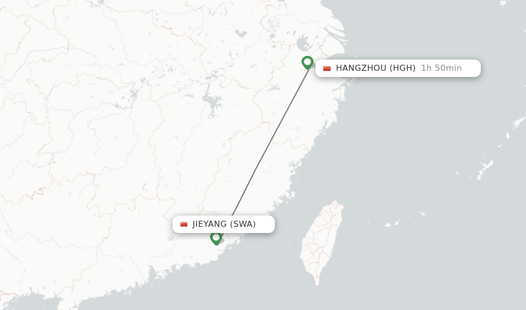 Flights from Jieyang to Hangzhou route map
