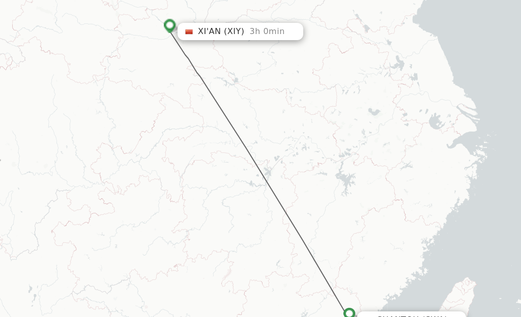 Flights from Jieyang to Xian route map