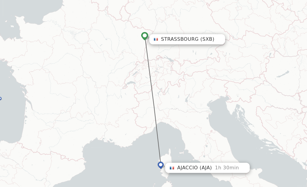Flights from Strasbourg to Ajaccio route map