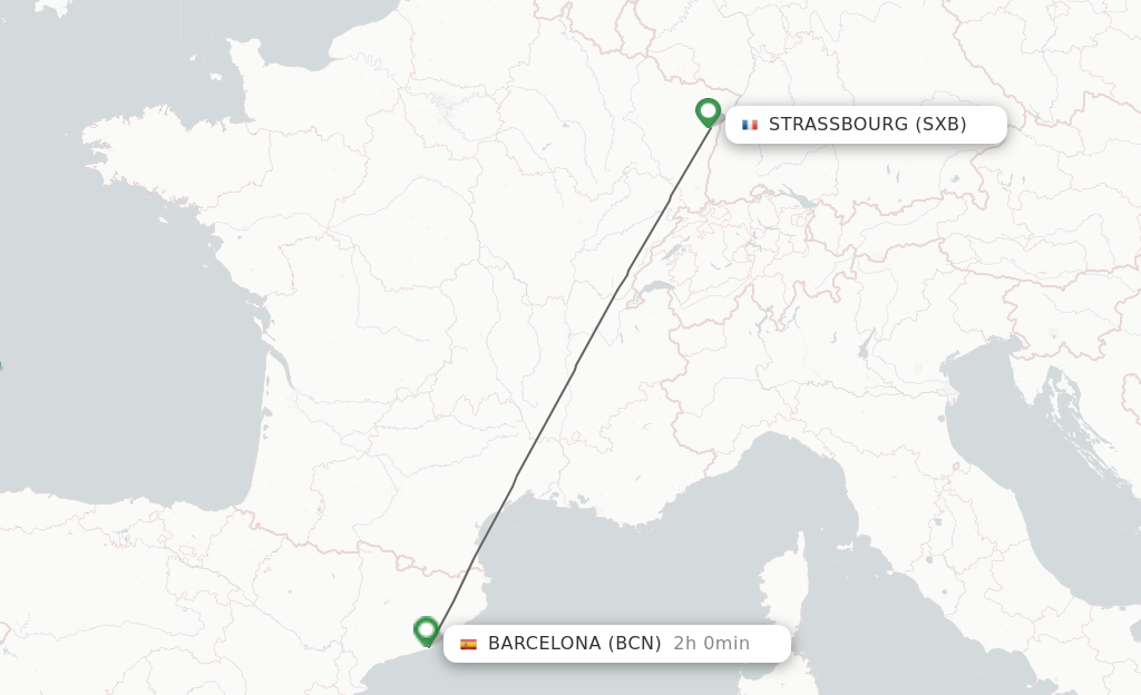Flights from Strasbourg to Barcelona route map