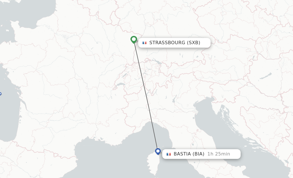 Flights from Strasbourg to Bastia route map