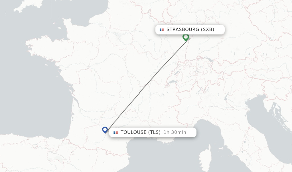 Flights from Strasbourg to Toulouse route map