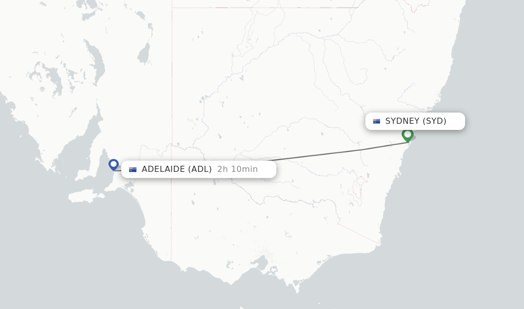 Flights from Sydney to Adelaide route map
