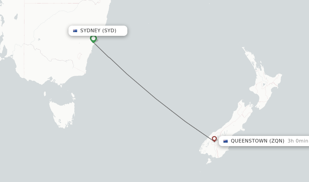 Flights from Sydney to Queenstown route map