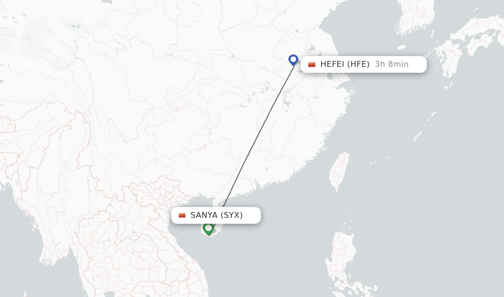 Flights from Sanya to Hefei route map