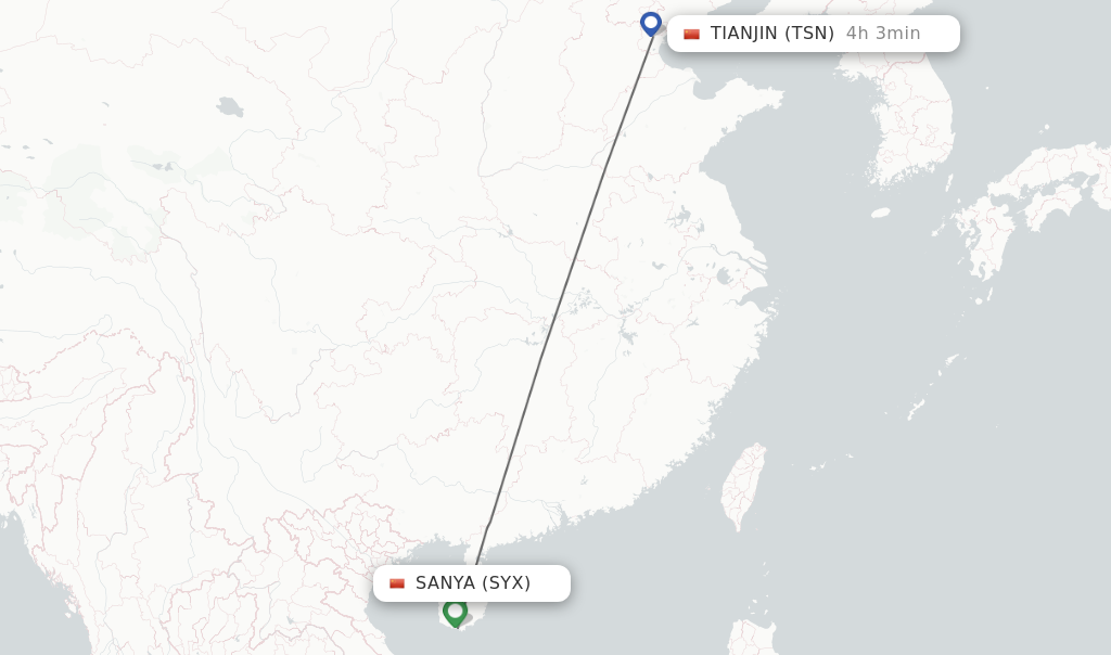 Flights from Sanya to Tianjin route map