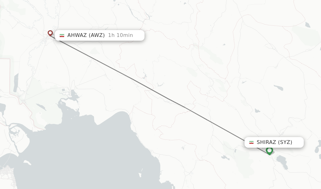 Flights from Shiraz to Ahwaz route map