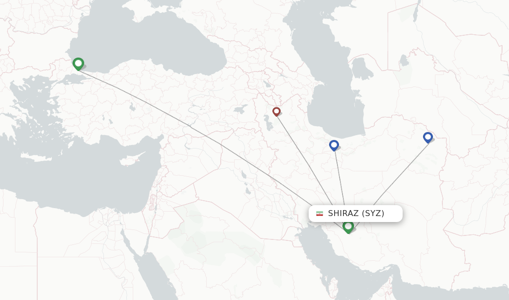 Route map with flights from Shiraz with Iran Airtour