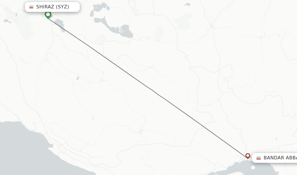 Flights from Shiraz to Bandar Abbas route map