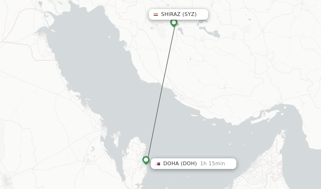 Flights from Shiraz to Doha route map