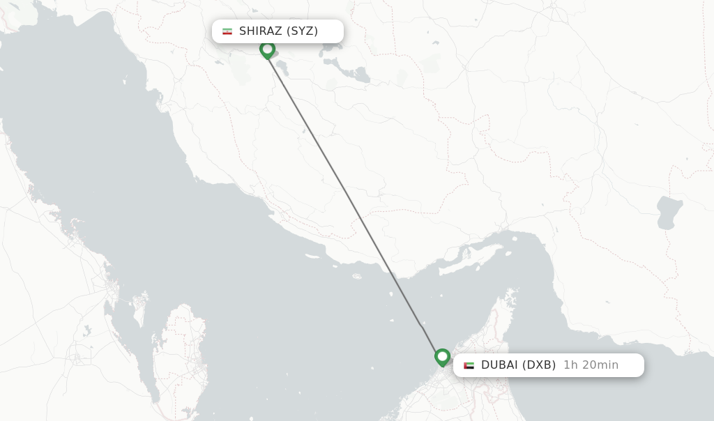Flights from Shiraz to Dubai route map