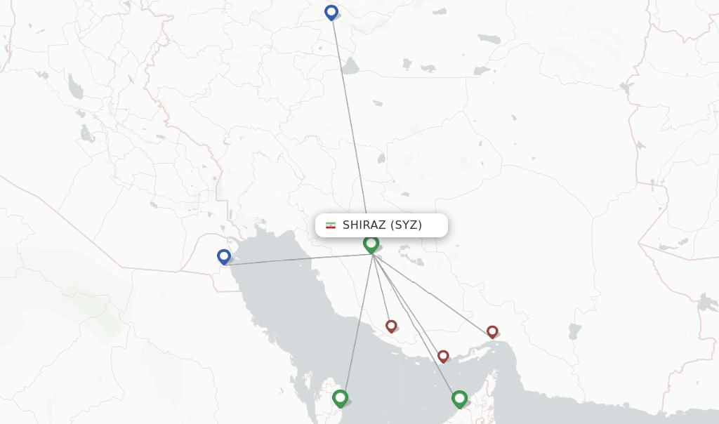 Route map with flights from Shiraz with Iran Air