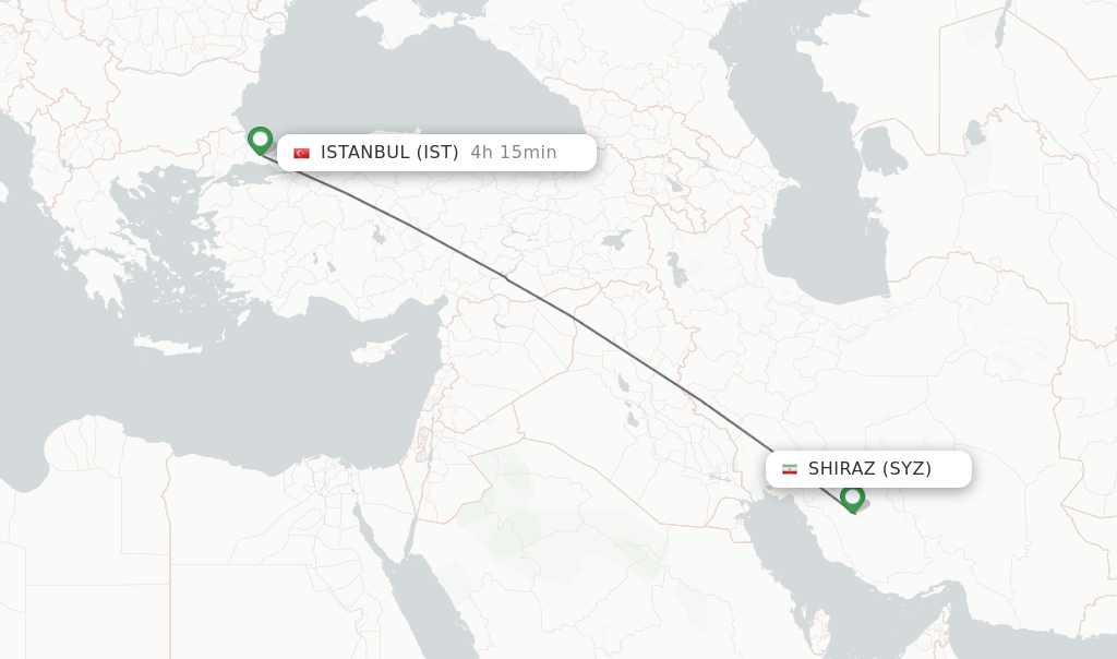 Flights from Shiraz to Istanbul route map